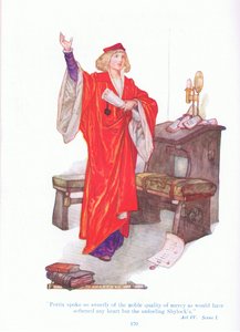 Portia talade så ljuvt om barmhärtighetens ädla kvalitet att det skulle ha mjukat upp vilket hjärta som helst förutom den okänsliga Shylocks (The Merchant of Venice), från Tales from Shakespeare pub. av Ward Lock & Co Ltd