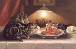 Stilleben av katter och en hummer av A. Jackson