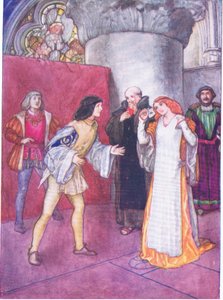Den okända damen tog av sig masken och visade sig inte vara någon systerdotter (som presenterades) av damhjälten själv (Much Ado About Nothing), från Tales from Shakespeare pub. av Ward Lock & Co Ltd av A. Jackson