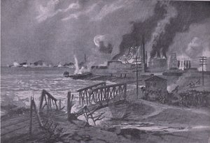 Förstörelse av ett varv i Bari (Italien) av österrikisk-ungerska torpedjagare, från puben The Illustrated History of the World War 1914-1915. av Union Berlagsefellfchaft av A. Kircher