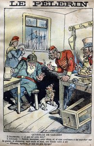 Cabaret Querelle: Tecknad film om kolonialkrigen mellan England, Tyskland, Frankrike och USA kring situationen i Fachoda i Afrika. Gravyr av Lemot i "" le Pelerin"" av den 23 april 1899 (Fachoda-krisen: allvarlig diplomatisk incident mellan