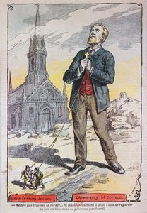 Karikatyr från den katolska tidskriften "Le Pelerin", med hänvisning till den franska regeringens politik för laicisering i början av 1900-talet, ca 1902-05