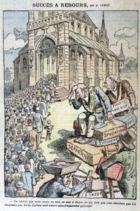 Nedräkningsframgång: skolor utan gud, rån, vräkningar, separation... "Och kyrkorna är ännu mer trånga än tidigare!" - Tecknad film mot antiklerikalism av Lemot, i "" Le Pelerin"" av 1909-04-11