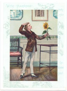 Det viktorianska hälsningskortet för blomsterskådaren av en estetik som avgudar en solros i ectasy, ca 1881 (färg litho) av A. Ludovici