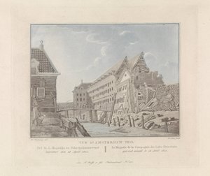 Utsikt över det kollapsade East Indies Sea Warehouse i Amsterdam, 1822 O.I. Lager och varv / Le Magasin de la Compagnie des Indes Orientales (titel på objekt) Views of Amsterdam (serietitel)