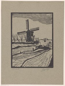 Vinterlandskap med kvarn av A. Marchal