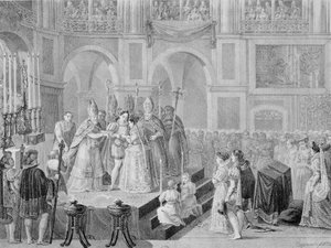 Äktenskapet mellan Henri III (1553-1610) och Marguerite av Frankrike (1553-1615) 1572, 1832 av A. Regnier