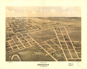 Fågelperspektiv över Brookfield, Linn Co, Missouri 1869. LOC 73693470