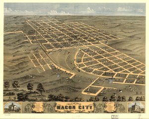 Fågelperspektiv över Macon City, Macon County, Missouri 1869. LOC 73693483