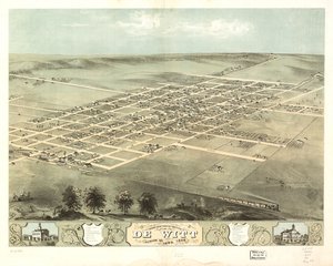 Fågelperspektiv över staden De Witt, Clinton Co, Iowa 1868. LOC 73693396 av A. Ruger