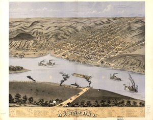Fågelperspektiv över staden Hannibal, Marion Co, Missouri 1869. LOC 73693475