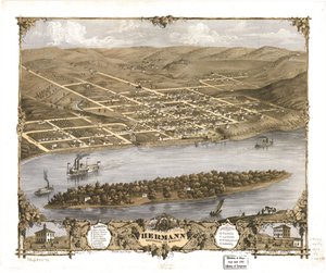 Fågelperspektiv över staden Hermann, Gasconade Co, Missouri 1869. LOC 73693476 av A. Ruger