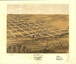 Fågelperspektiv över staden Holden, Johnson Co, Missouri 1869. LOC 73693477