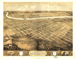 Fågelperspektiv över staden Lawrence, Kansas 1869. LOC 73693409