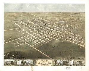 Fågelperspektiv över staden Sedalia, Pettis Co, Missouri 1869. LOC 73693491