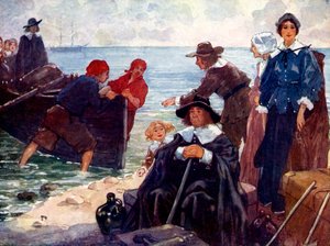 En grupp exilar förtöjer sin bark på New Englands vilda kust, 1620, 1905. av A. S. Forrest