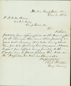 Letter signed A.S. Norton, Major Commanding, Head Quarters, Camp Yates, Ill., to 1st Lieutenant W.M. Breese, 16th U. S. Infantry, Camp Gates, Ill., December 6, 1863 av A. S. Norton