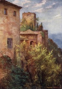 Granada, Exteriör av Alhambra (färg litho) av A. Trevor Haddon