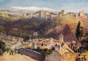 Granada, allmän utsikt över Alhambra (färg litho)