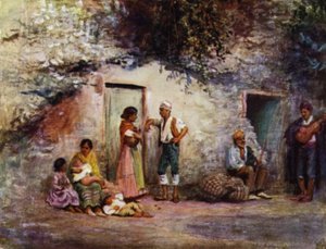 Granada, zigenare vid dörrarna till sina grottor (färg litho)