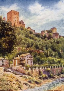Granada, villor på stranden av floden Darro (färg litho)