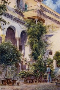 Sevilla, Alcazars trädgårdar (färg litho) av A. Trevor Haddon