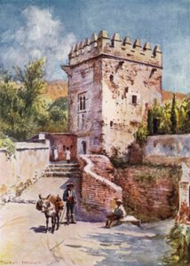 Alhambra, Tower of the Peaks (färg litho) av A. Trevor Haddon