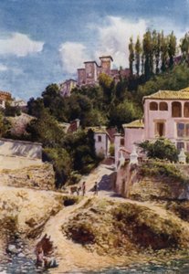 Alhambra, Torre de las Damas från floden Darro (färg litho)