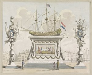 Handel och sjöfart, dekoration på Nieuwmarkt, 1795 Tio plåtar av dekorationerna vid Alliantiefeest i Amsterdam 1795 (serietitel) av A. Verkerk