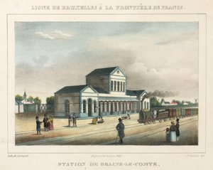 Braine-le-Comte Station, Belgien, graverad av Gerard, 1843 av A. after Canelle
