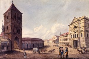 Powder Tower and Hybern Customs House, Prag, ca 1810 (färgad etsning)