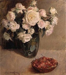 Stilleben av rosor och körsbär av A. van der Kelen