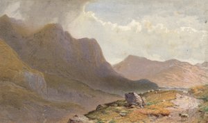 Scen mellan Capel Currg och Llyn Ogwen, vid Nant Frangons topp, norra Wales (chromolitho)