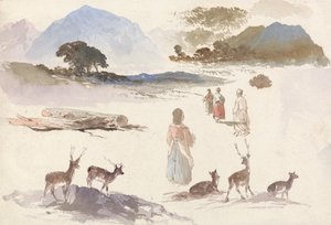 Ark med studier av rådjur, figurer och landskap
