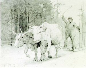 En fransk bonde som driver oxar (kol på papper) av Abbott Handerson Thayer