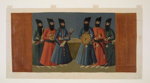 Lägg till Or. 1242 "Ghulamerna" som bär shahens sköld, koger och andra kungliga tillbehör, detalj från "Reducerad kopia av väggmålningen på Nigaristan Palace" av Abdallah (after) Khan