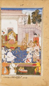 Bhishma ger Yudhishthira råd om karaktären hos de fyra varnorna, eller kasterna, 1598 av Abdul Rahim Khan I Khana