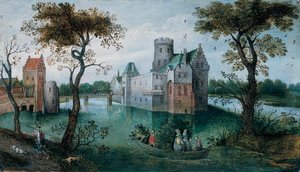 Ett slott med vallgrav med eleganta figurer i en båt och en jägare och hans hundar på en stig i förgrunden (olja på panel) av Abel Grimmer or Grimer