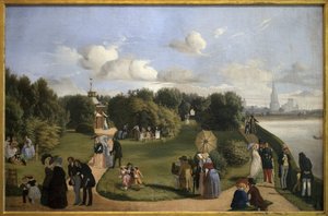 Utsikt över Rochelle (badets trädgård Marie Therese). Borgerlighetens karaktärer i en park: par som pratar på en bänk, män som hälsar damer, barn som leker med en båge... Målning av Alexandre Abel de Pujol (1785-1861), Olja på duk