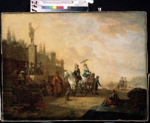 ""Resenare på hästryggen"" (Ryttare) En familj på roadtrip i ett mellanösterländskt landskap. Målning av Abraham Begeyn (1637-1697) Mikhail Kroshitsky Art Museum från 1600-talet, Sevastopol (Sevastopol) Ukraina