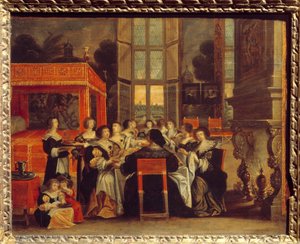 Konversation av damer i frånvaro av deras män: Middagsmålning av Abraham Bosse (1602-1676) Egouen från 1600-talet. National Renaissance Museum