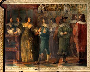 Scen av Charles de Valois (1573-1650), hertigen av Angouleme - Festscen ges i samband med Charles de Valois äktenskap med hans andra fru 1644 - En kvinna, kontaktad av en hovman, griper för att sätta henne krage - Fresco av Abrah