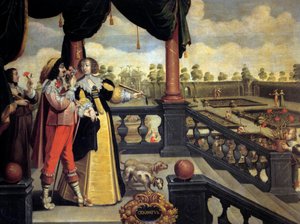 De fem sinnena: Lukt Ett par adelsmän framför en trädgård, mannen luktar en bukett blommor. Målning av Abraham Bosse (1602-1674) 1600-talet. Rundturer, Museum of Fine Arts