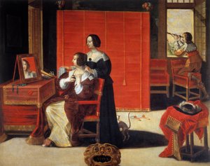The Five Senses: The View En ung kvinna framför sin spegel medan en man använder en astronomisk ram. Målning av Abraham Bosse (1602-1676). 1600-talet. Rundturer, Museum of Fine Arts