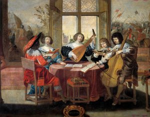De fem sinnena: hörsel En grupp adelsmän förenades för att spela musik och sjunga. Målning av Abraham Bosse (1602-1676). 1600-talet. Rundturer, Museum of Fine Arts