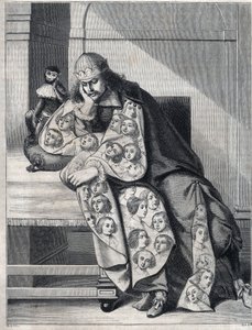 Mannen fylld med illvilja: en man med en dubbel kappa av kvinnohuvuden mediterar med en apa vid sin sida. Reproduktion av ett tryck av Abraham Bosse (1604-1676). av Abraham (after) Bosse