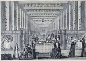 Interiörvy av sjukstugan i Hôital de la Charite (även kallat sjukhuset för Freres-de-Saint-Jean-de-Dieu), i Paris - Gravyr efter Abraham Bosse (1602-1676) - publicerad i "" 1600-talet - Institutioner: bruk och dräkter, Frankrike 1590-1 av Abraham (after) Bosse