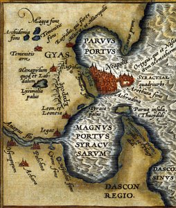 Den antika hamnen i Syrakusa på Sicilien efter Abraham Ortelius "atlas".
