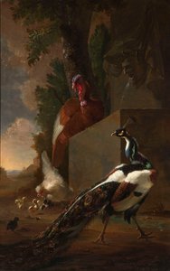 En påfågel, kalkon och kyckling med sina kycklingar bredvid en klassisk fontän i ett landskap av Abraham Bisschop