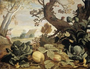 Landskap med frukt och grönsaker i förgrunden av Abraham Bloemaert